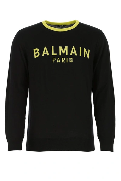 Shop Balmain Logo Intarsia Knit Sweater In Black