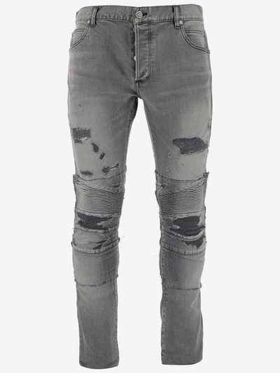 Shop Balmain Ripped Skinny Jeans In Grey