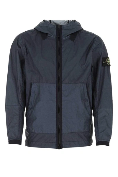 Shop Stone Island Logo Patch Hooded Jacket In Navy