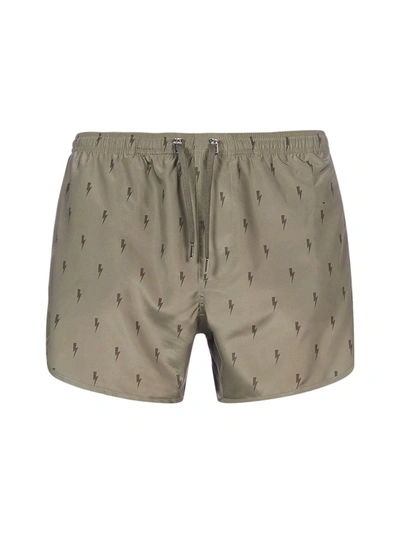 Shop Neil Barrett Small Thunderbolt Print Swim Shorts In Green