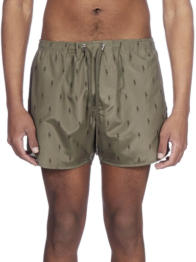 Shop Neil Barrett Small Thunderbolt Print Swim Shorts In Green