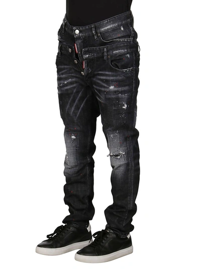 Shop Dsquared2 Layered Waist Distressed Jeans In Black