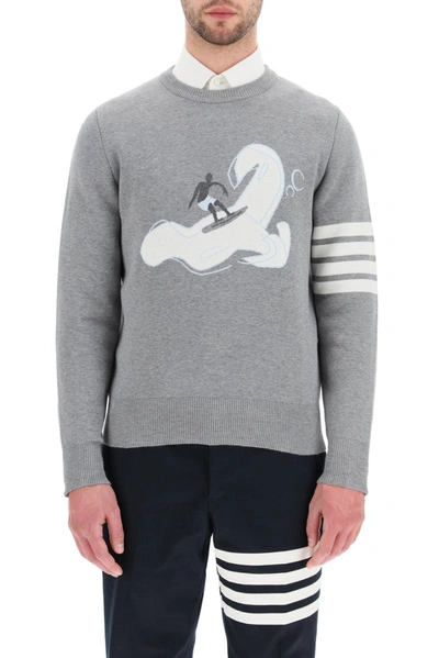 Shop Thom Browne Surfer Icon Knitted Jumper In Grey