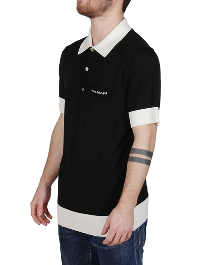 Shop Balmain Contrast Trim Polo Shirt In Black