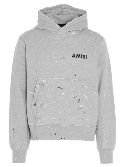 Shop Amiri Paint Effect Logo Print Hoodie In Grey
