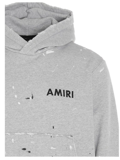 Shop Amiri Paint Effect Logo Print Hoodie In Grey