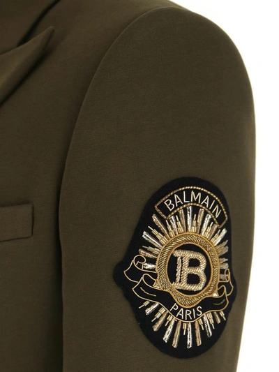 Shop Balmain Logo Patch Double Breasted Blazer In Green