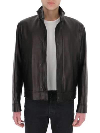 Shop Fendi Logo Embossed Leather Biker Jacket In Black