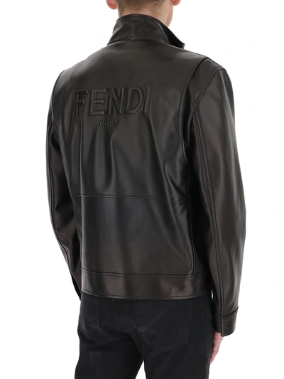 Shop Fendi Logo Embossed Leather Biker Jacket In Black