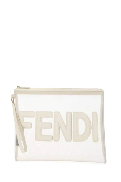 Shop Fendi Mesh Large Flat Pouch In Beige