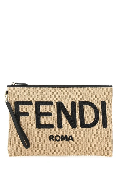Shop Fendi Logo Woven Clutch In Beige