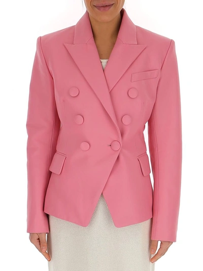 Shop Balmain Double Breasted Leather Blazer In Pink