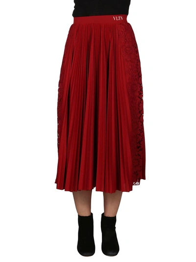 Shop Valentino Lace Panelled Pleated Midi Skirt In Red