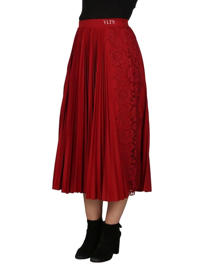 Shop Valentino Lace Panelled Pleated Midi Skirt In Red
