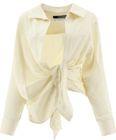 Shop Jacquemus La Chemise Bahia Draped Shirt In Beige