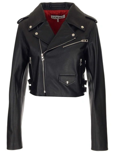 Shop Loewe Cropped Biker Jacket In Black