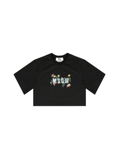 Shop Msgm Floral Logo Printed Cropped T In Black