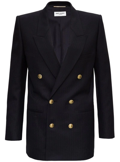 Shop Saint Laurent Double Breasted Blazer In Black