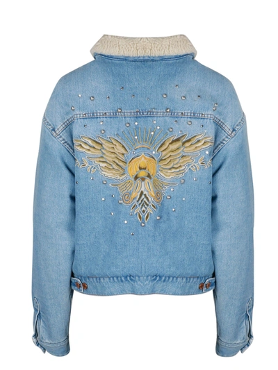 Shop Isabel Marant Étoile Fur Collar Graphic Print Denim Jacket In Blue