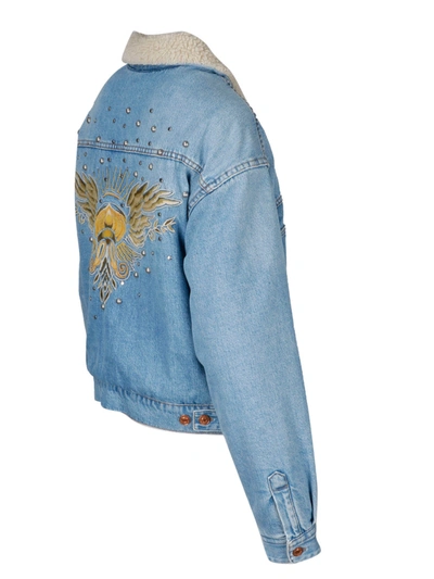 Shop Isabel Marant Étoile Fur Collar Graphic Print Denim Jacket In Blue