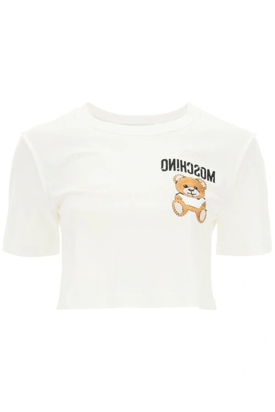 Shop Moschino Embroidered Bear Reverse Logo Cropped T In White