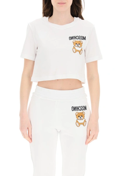 Shop Moschino Embroidered Bear Reverse Logo Cropped T In White