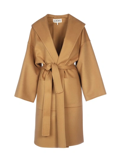 Shop Loewe Hooded Belted Coat In Brown