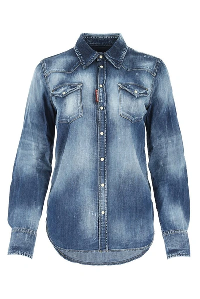 Shop Dsquared2 Distressed Denim Shirt In Blue