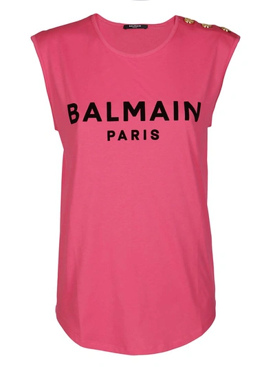 Shop Balmain Flocked Logo Button Detail Tank Top In Pink