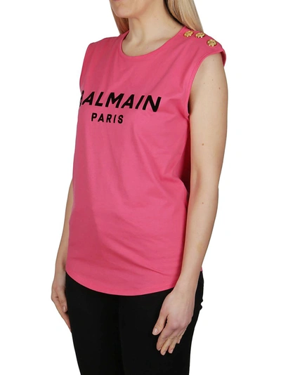 Shop Balmain Flocked Logo Button Detail Tank Top In Pink