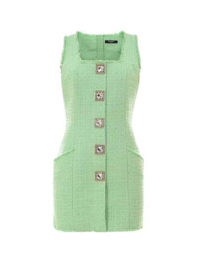 Shop Balmain Button Emellished Tweed Mini Dress In Green