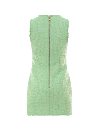 Shop Balmain Button Emellished Tweed Mini Dress In Green