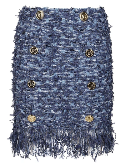Shop Balmain Fringe Detail Tweed Skirt In Blue