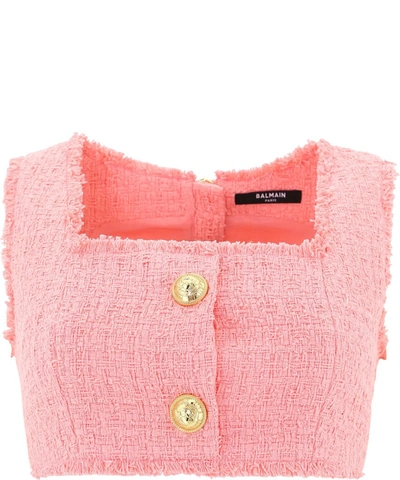 Shop Balmain Button Detail Tweed Crop Top In Pink