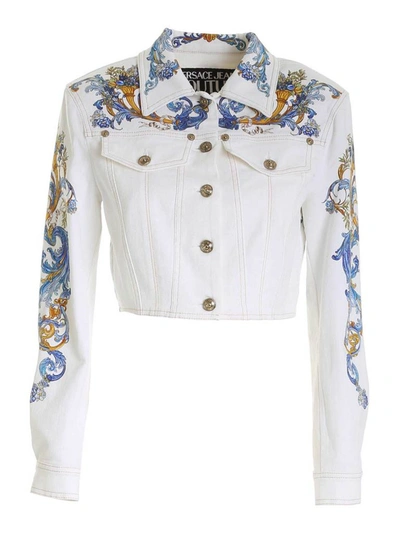 Shop Versace Jeans Couture Printed Cropped Denim Jacket In Multi