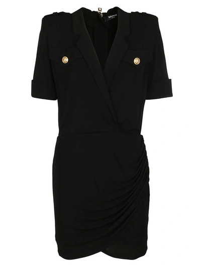 Shop Balmain Button Detail Mini Shirt Dress In Black