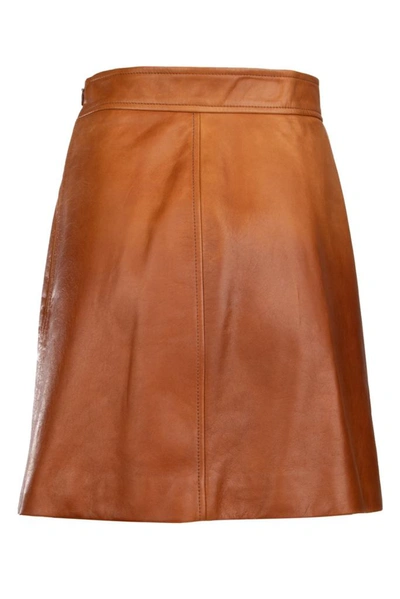Shop Prada Leather Mini Skirt In Brown