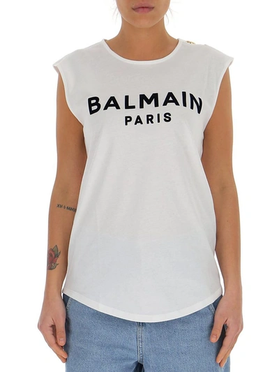 Shop Balmain Flocked Logo Button Detail Tank Top In White