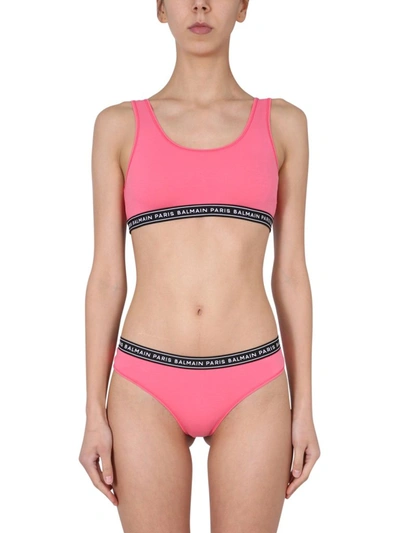 Shop Balmain Logo Tape Bra Top In Pink