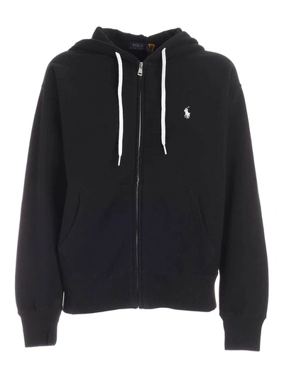 Shop Polo Ralph Lauren Logo Embroidered Zipped Hoodie In Black