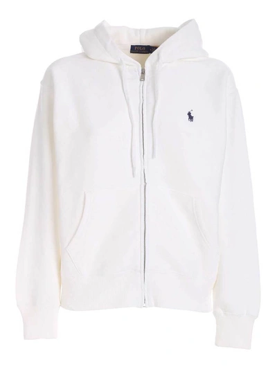 Shop Polo Ralph Lauren Logo Embroidered Zipped Hoodie In White