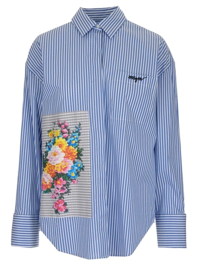 Shop Msgm Floral Printed Detail Striped Shirt In Multi