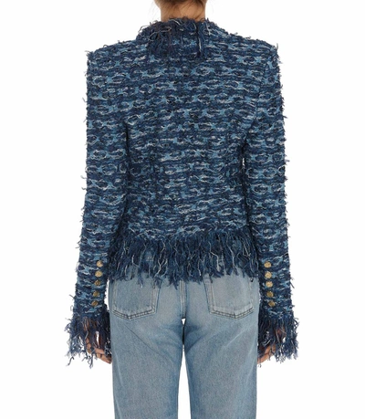 Shop Balmain Double Breasted Tweed Jacket In Blue