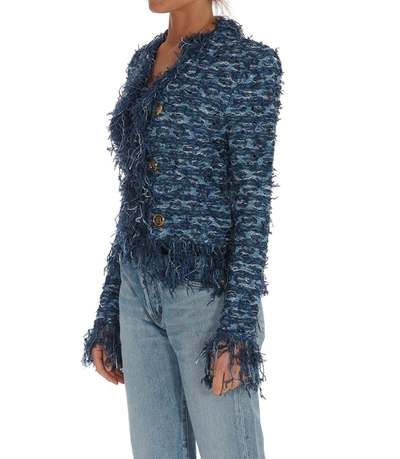 Shop Balmain Double Breasted Tweed Jacket In Blue