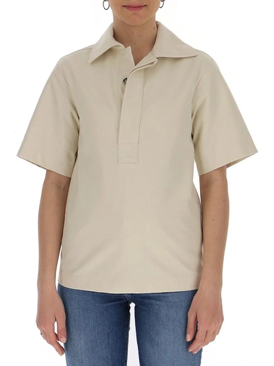 Shop Bottega Veneta Half Buttoned Short Sleeve Shirt In Beige