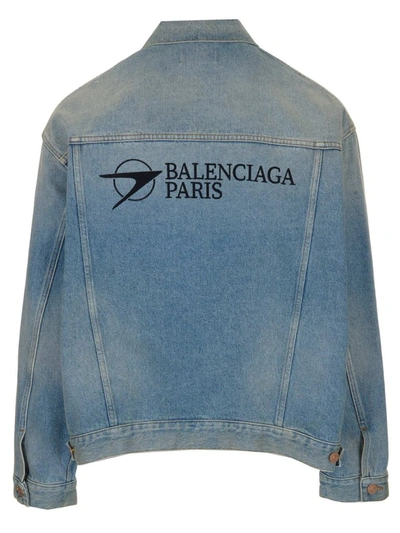 Shop Balenciaga Paris Logo Print Denim Jacket In Blue