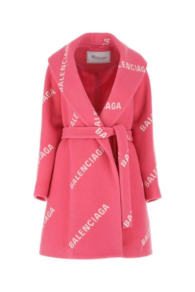 Shop Balenciaga Allover Logo Belted Wrap Coat In Pink