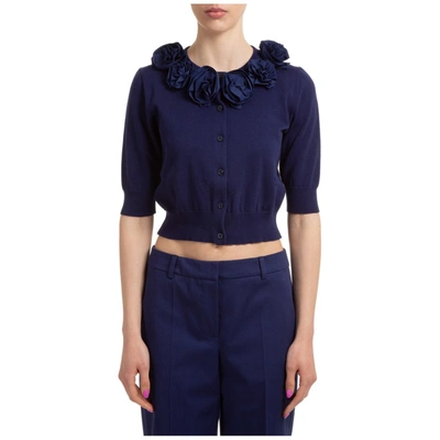 Shop Moschino Flower Embellished Cropped Cardigan In Blue