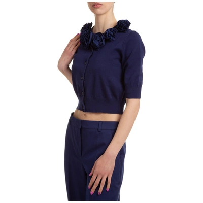Shop Moschino Flower Embellished Cropped Cardigan In Blue
