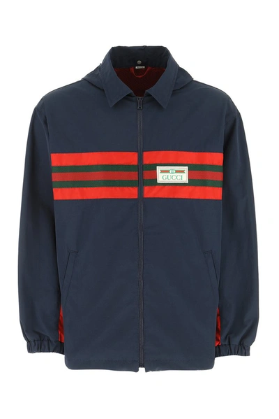 Shop Gucci Striped Logo Patch Jacket In Blue